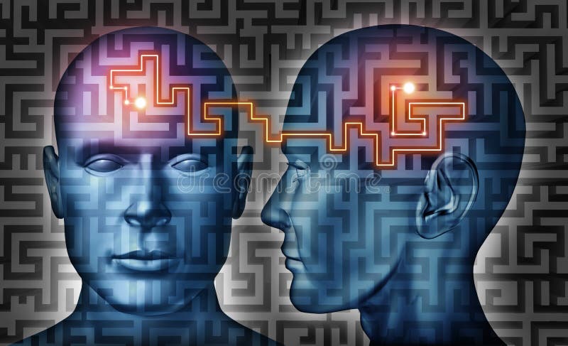 Komunikační řešení a ovládání mysli se skupinou komunikaci lidských hlav na bludiště nebo labyrint vzor s laserového světla spojení myšlení sítě dvěma mozky.