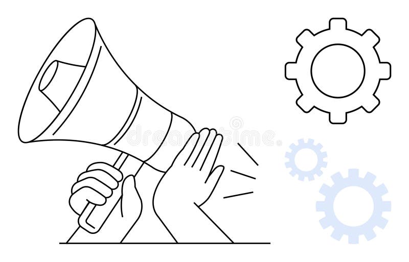 Communication, Teamwork, and Idea Sharing Represented by a Megaphone and Gears in Simple Design stock illustration