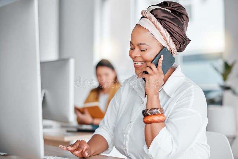 Communication, Typing and Black Woman on a Phone Call for Networking