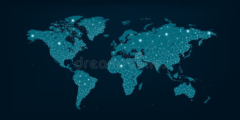 Communications network map of the world Blue map Dark blue background. Global network connection map stock images, royalty-free photos and pictures