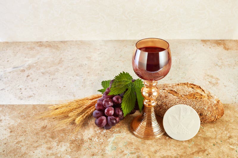 Communion Still Life with Chalice of Wine and Bread Stock Photo Image