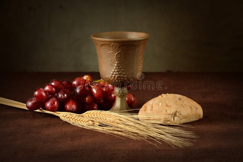 Communion Table With Wine Bread Grapes and Wheat