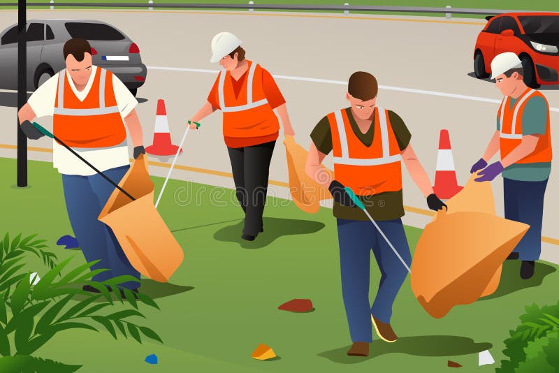 Community Cleaning on the Roadside Stock Vector Illustration of young