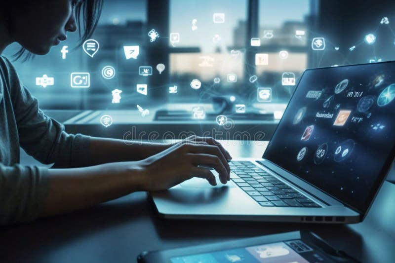 Community manager\'s day, young person working at the computer with illuminated social network icons floating in the air royalty free illustration