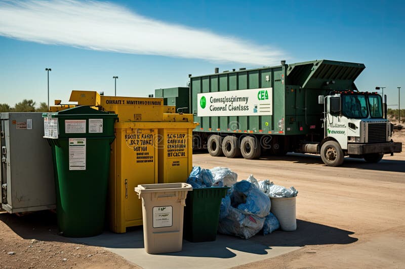 A Community Recycling Center, with Bins, Containers and Trucks for