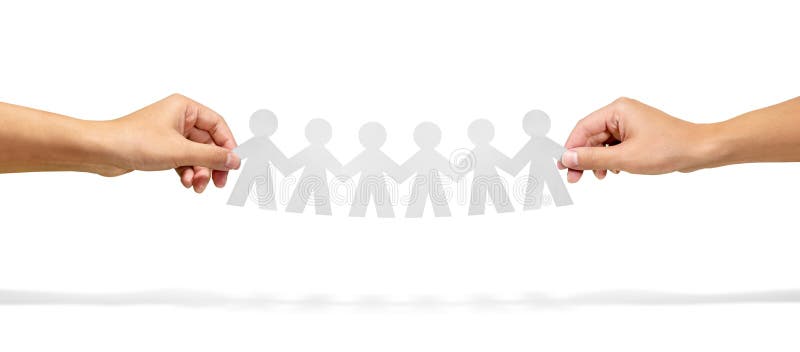 Community, unity and teamwork concept - hands holding paper chain people over white background stock photos Community, unity and teamwork concept - hands holding paper chain people over white background stock photos