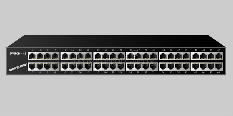 Commutateur d'Ethernet avec 48 ports Le nom et l'emblème sont inventés illustration de vecteur Commutateur d'Ethernet avec 48 ports Le nom et l'emblème sont inventés illustration de vecteur