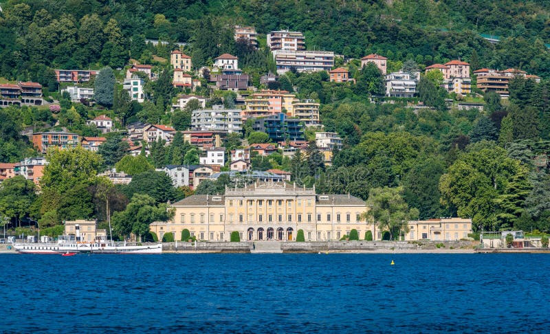 The beautiful Villa Olmo as seen from the ferry, on Lake Como, Lombardy, Italy.