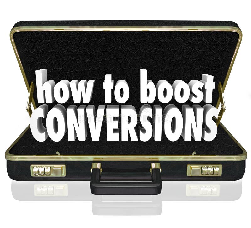 How to Boost Conversions words in 3d letters inside a black leather business briefcase to illustrate tips, advice or help in increasing or improving your rate of sales in your store or website. How to Boost Conversions words in 3d letters inside a black leather business briefcase to illustrate tips, advice or help in increasing or improving your rate of sales in your store or website