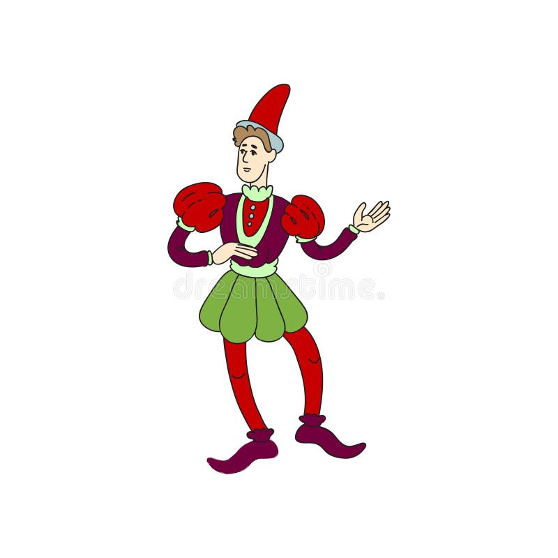 Comodín o bufón medieval del castillo en ropa colorida roja ilustración del vector Comodín o bufón medieval del castillo en ropa colorida roja ilustración del vector