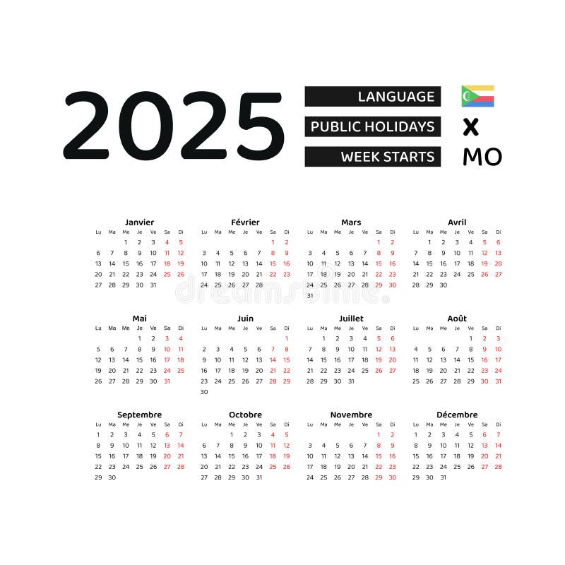 Comoros Calendar 2025. Week Starts from Monday. Vector Graphic Design