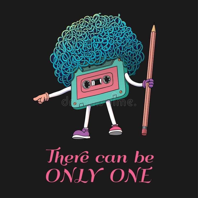 Compact Cassette Tape Character with Pencil. Super Afro Haircut Style. Mixtape Illustration. There Can be Only One. Pop Music 80s