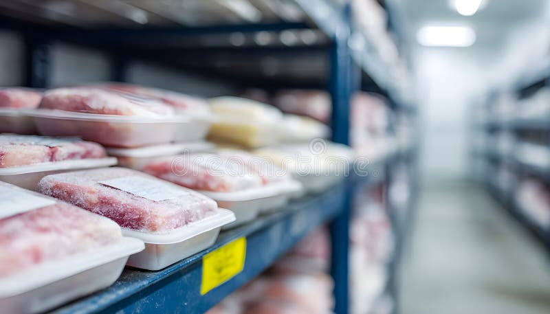 Compact cold storage unit displaying neatly organized poultry packages sharp focus on sealed trays with frost softly royalty free stock images