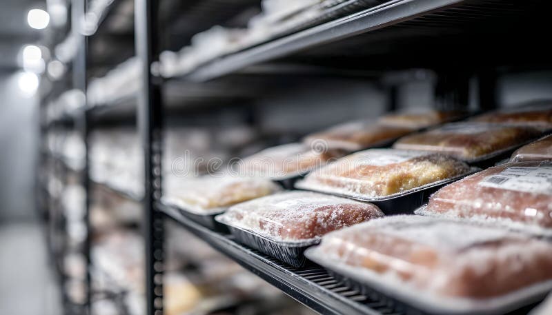 Compact cold storage unit displaying neatly organized poultry packages sharp focus on sealed trays with frost softly royalty free stock images