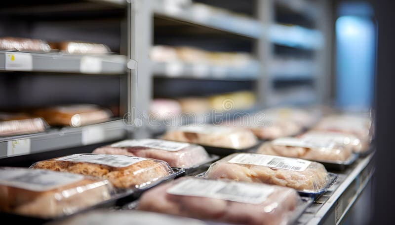Compact cold storage unit displaying neatly organized poultry packages sharp focus on sealed trays with frost softly stock photography