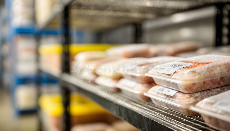 Compact cold storage unit displaying neatly organized poultry packages sharp focus on sealed trays with frost softly royalty free stock image