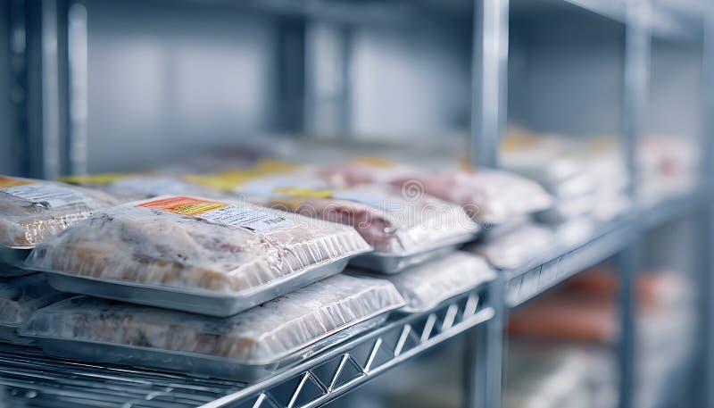 Compact cold storage unit displaying neatly organized poultry packages sharp focus on sealed trays with frost softly royalty free stock image