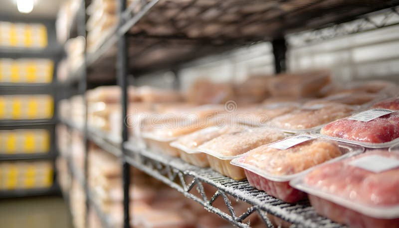 Compact cold storage unit displaying neatly organized poultry packages sharp focus on sealed trays with frost softly royalty free stock images