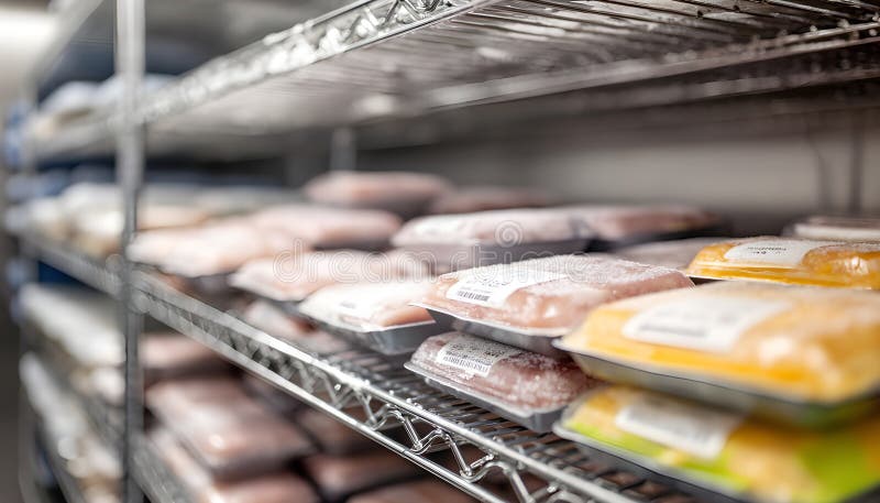 Compact cold storage unit displaying neatly organized poultry packages sharp focus on sealed trays with frost softly stock photography