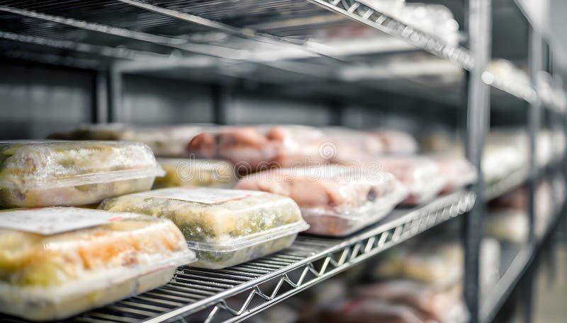 Compact cold storage unit displaying neatly organized poultry packages sharp focus on sealed trays with frost softly royalty free stock images