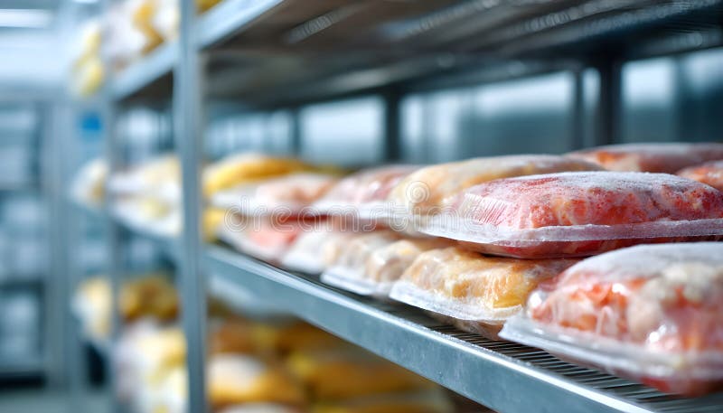 Compact cold storage unit displaying neatly organized poultry packages sharp focus on sealed trays with frost softly stock photos