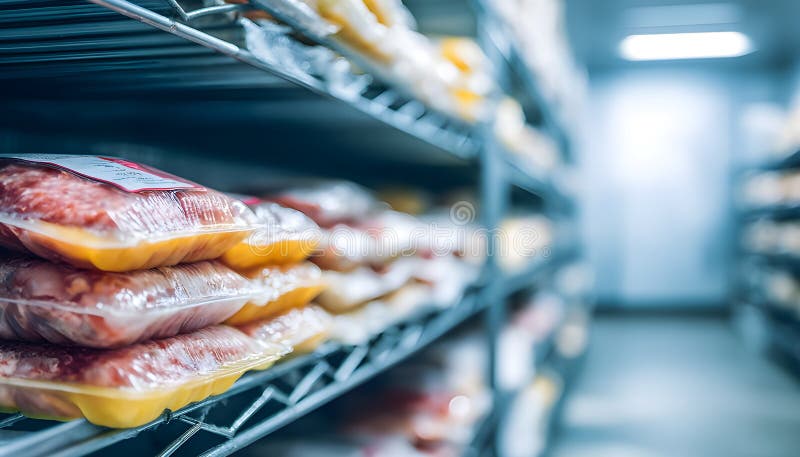 Compact cold storage unit displaying neatly organized poultry packages sharp focus on sealed trays with frost softly stock photo