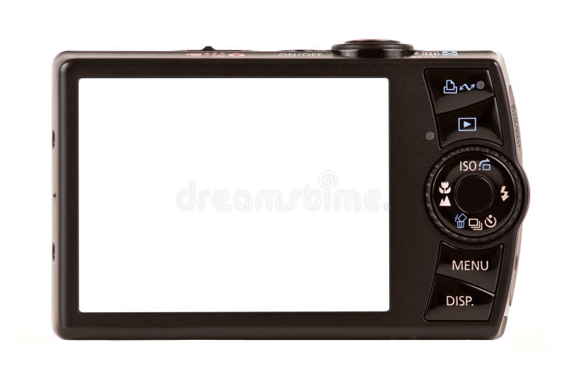 Compact digital camera rear view isolated on white stock image
