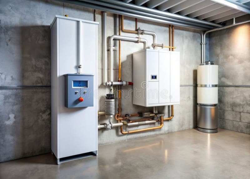 Compact HighEfficiency Boiler in Residential Basement Smart Heating System Installation royalty free illustration