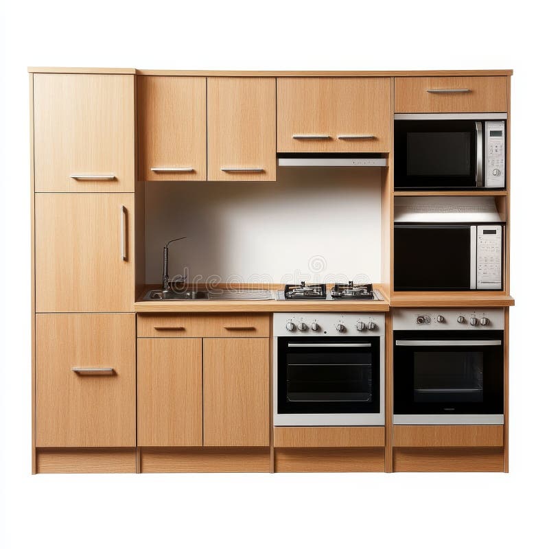 Compact Kitchen Wood Cabinetry, Built-in Appliances, Modern Design, kitchen design, compact kitchen stock illustration