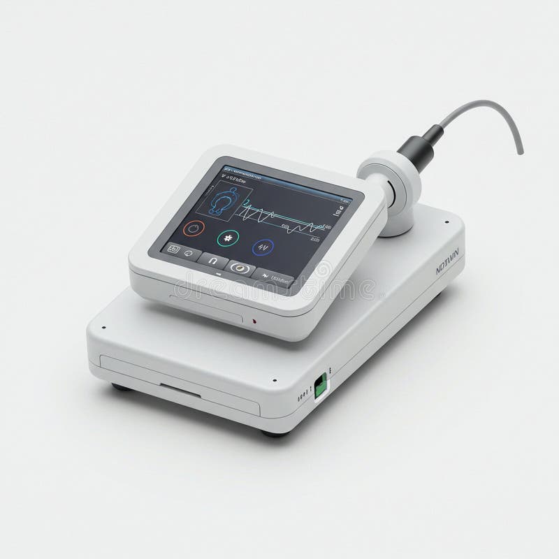 A compact medical device with a sleek, white design featuring a touchscreen display stock illustration