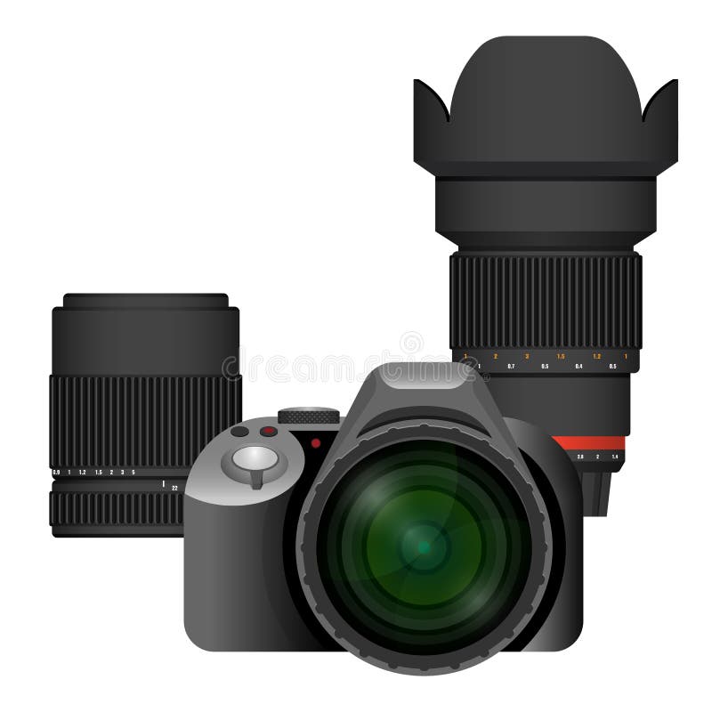 Compact modern professional camera with spare lenses set vector illustration