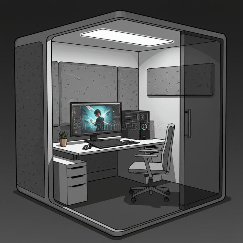Compact and modern soundproof room designed for working or gaming. Equipped royalty free illustration
