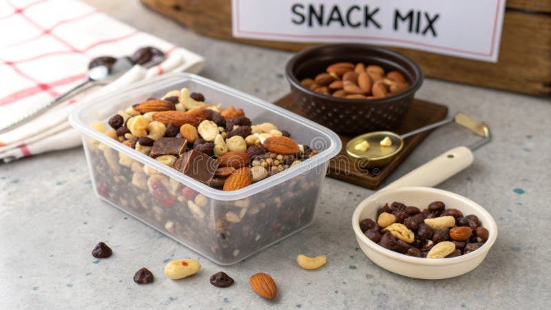 A compact plastic bin labeled Snack Mix bursting with trail mix containing nuts chocolate pieces and dried fruit. The stock images