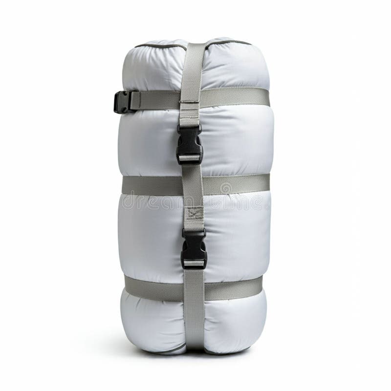 A compact, rolled-up sleeping bag designed for outdoor use. It is wrapped in a light vector illustration