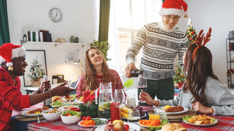 Company of cheerful and happy friends celebrating at the christmas dinner