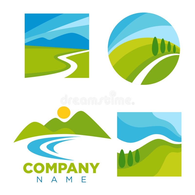 Company logotype with cartoon landscape illustrations set