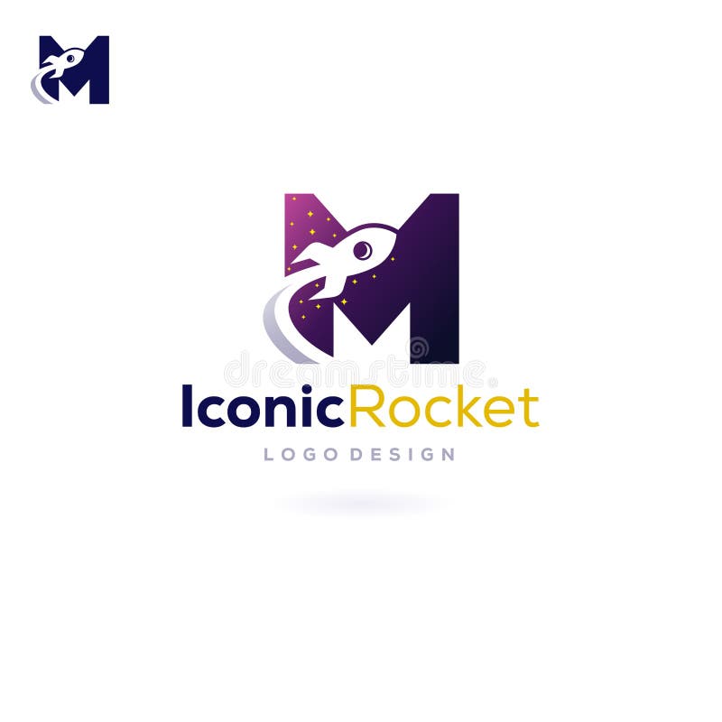 Letter M Rocket Logo Spacecraft fly into space vector illustration