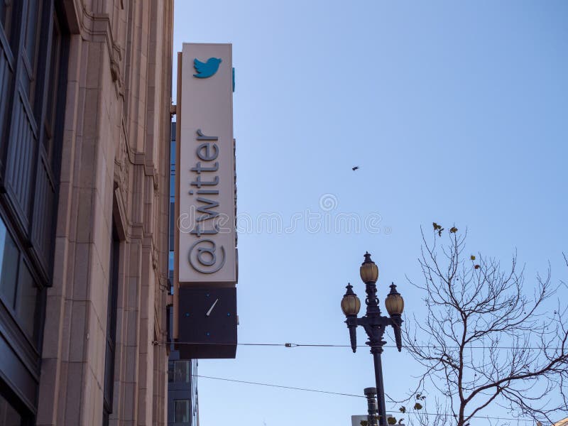 Company sign/logo outside Twitter headquarters in the Tenderloin stock image Company sign/logo outside Twitter headquarters in the Tenderloin stock image
