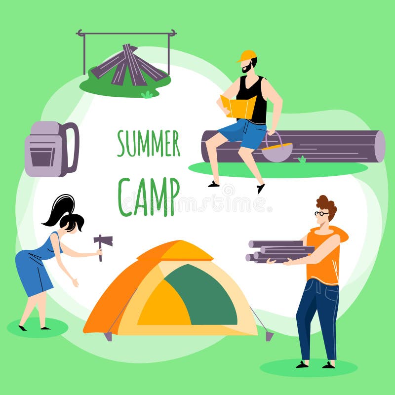 Company of Young People Spend Time at Summer Camp vector illustration Company of Young People Spend Time at Summer Camp vector illustration