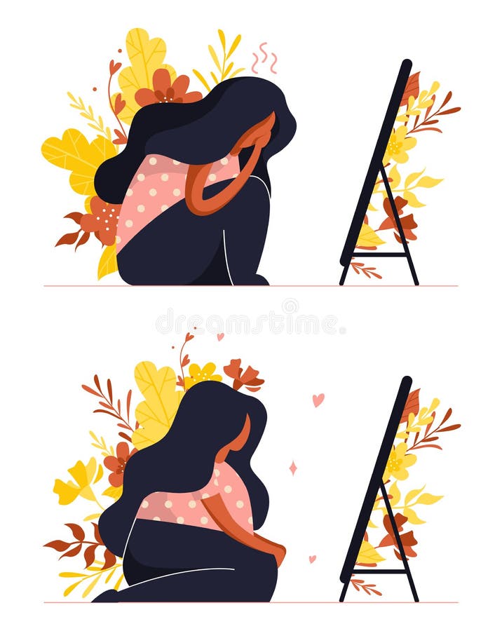 comparación Muchacha que no le gusta la reflexión en el espejo y la muchacha que se ama Ejemplo del positivo del cuerpo stock de ilustración comparación Muchacha que no le gusta la reflexión en el espejo y la muchacha que se ama Ejemplo del positivo del cuerpo stock de ilustración