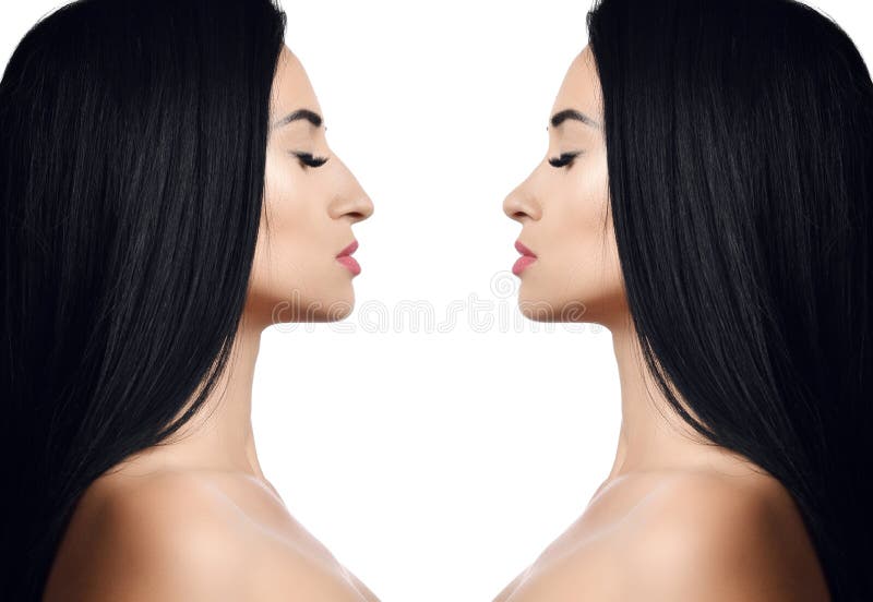 Comparação do nariz fêmea antes e depois da cirurgia plástica isolado no branco fotografia de stock Comparação do nariz fêmea antes e depois da cirurgia plástica isolado no branco fotografia de stock