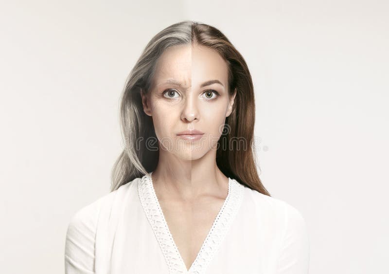comparação Retrato da mulher bonita com problema e conceito limpo da pele, do envelhecimento e da juventude, tratamento da beleza imagem de stock royalty free comparação Retrato da mulher bonita com problema e conceito limpo da pele, do envelhecimento e da juventude, tratamento da beleza imagem de stock royalty free