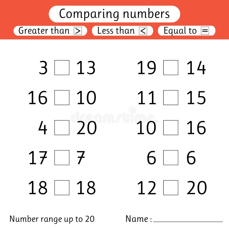 comparing numbers less than greater than equal to number range up to 20 preschool elementary school worksheet for kids stock vector illustration of numbers math 200901928