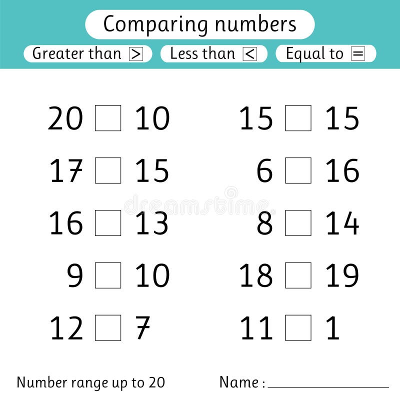 comparing numbers less than greater than equal to worksheets for kids number range up to 10 preschool elementary school stock vector illustration of homework kids 200902020