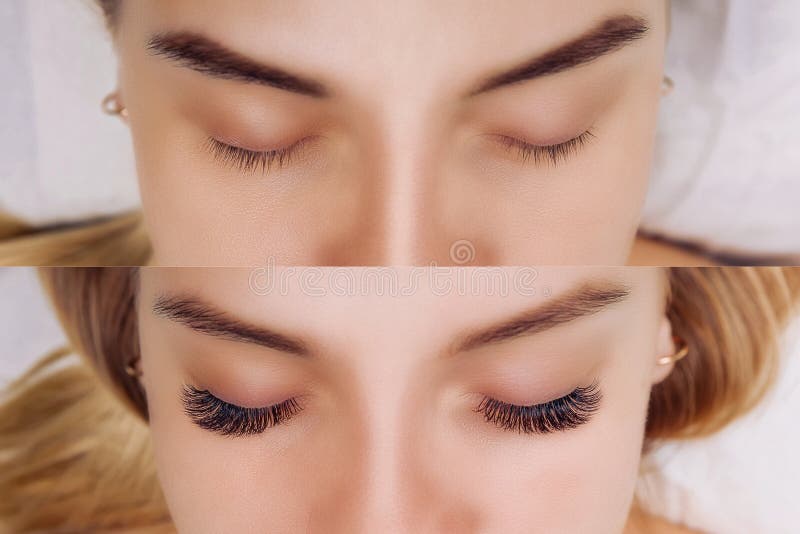 Eyelash Extension. Comparison of Female Eyes before and after. Stock