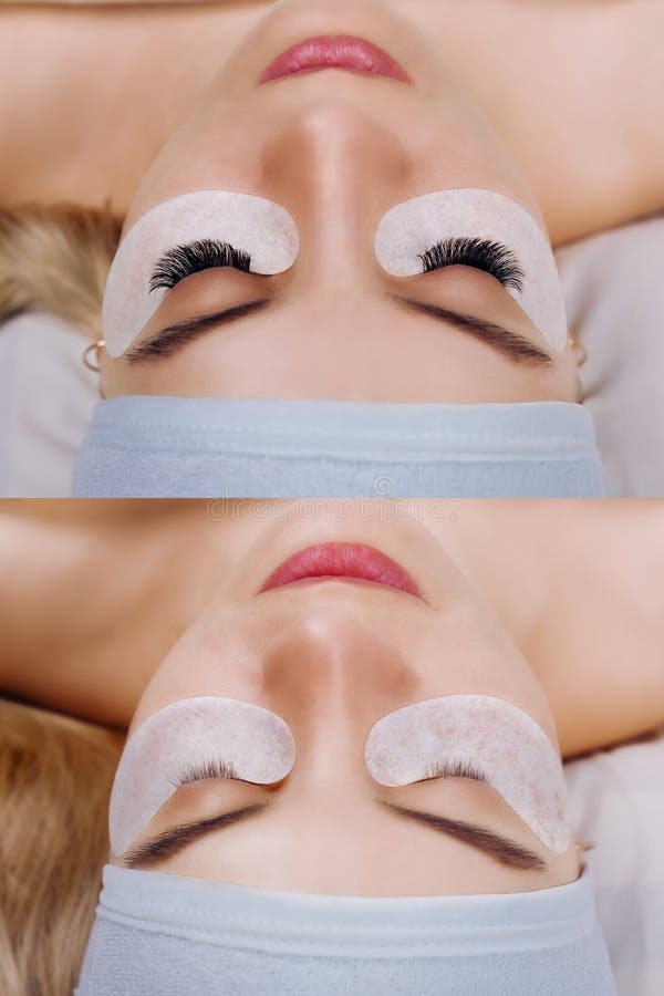 Eyelash Extension. Comparison of Female Eyes before and after. Stock