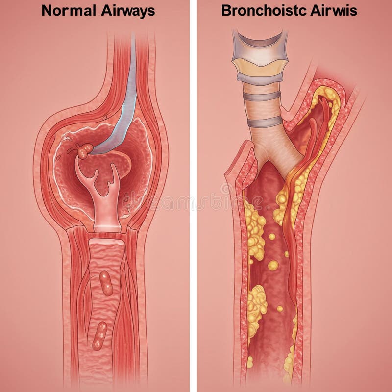 Comparison of normal and bronchiectatic airways is shown. On the left, a healthy airway with clear passage and smooth walls. On the right, an airway affected by bronchiectasis, displaying thickened walls and excess mucus buildup, indicating obstruction. Both sections depict cross-sectional views with detailed anatomy, including cartilage and mucosal layers. The illustration highlights structural differences, emphasizing the pathological changes in bronchiectasis, such as dilation and mucus accumulation, typical signs of chronic airway disease. Normal cross illustrations