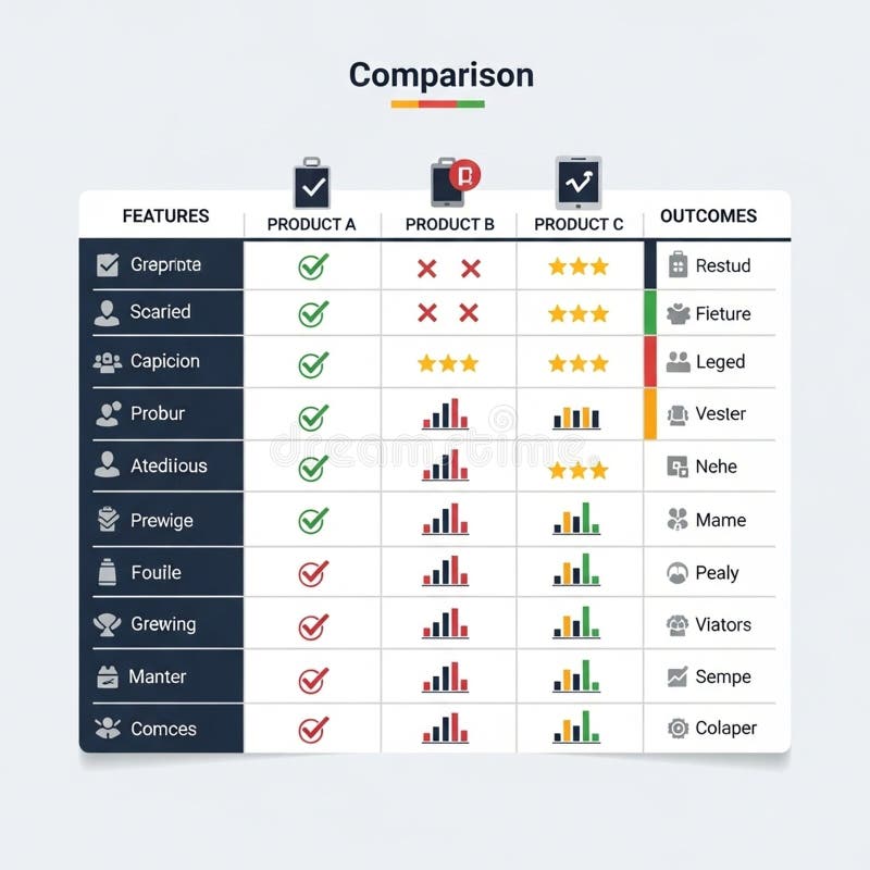 A comparison table displays features and outcomes for three products A B and C stock illustration