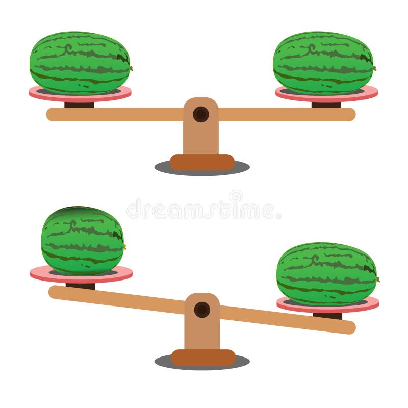 Weight scale balance scales measuring tomatoes on an isolated white  background. Comparison of weight in showing an unbalanced situation with  banana and carrot balancing on a seesaw. Vector illustration.
