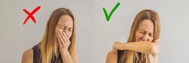 Comparison between wrong and right way to sneeze to prevent virus infection. Caucasian woman sneezing, coughing into her